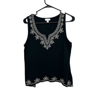 Boho Embroidered Tank J. Jill Black Sleeveless Cotton Modal Petite‎ M